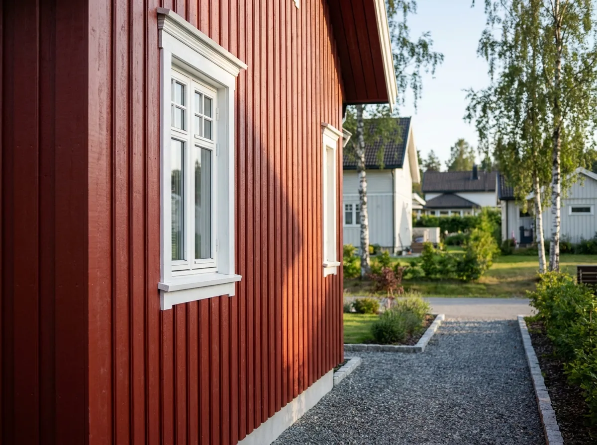 Rød bygning med hvite vinduer, på en hagevei med plantebed